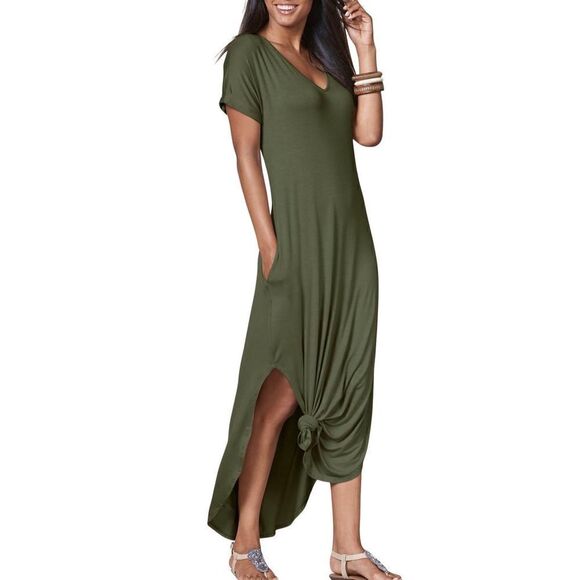 Venus Casual Boho V-Neck Olive Green T-Shirt Dress Jersey Knit 1X Casual Cruise - Picture 3 of 7